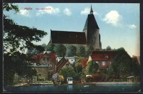 AK Mölln / Lauenburg, Teilansicht mit Nikolaikirche vom Wasser aus