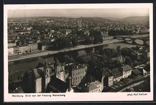 AK Würzburg, Blick von der Festung Marienberg auf den Ort