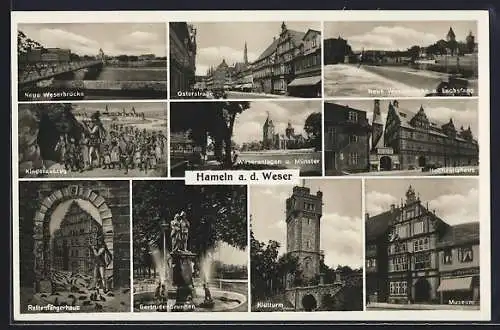 AK Hameln a. d. Weser, Museum, Hochzeitshaus, Neue Weserbrücke und Lachsfang