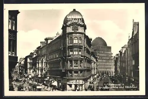 AK Hannover, Nordmannstrasse und Hochhaus mit Geschäften und Strassenbahn