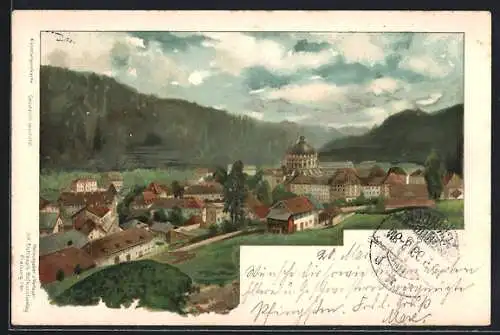 Lithographie St. Blasien, Ortsansicht vom Hügel aus