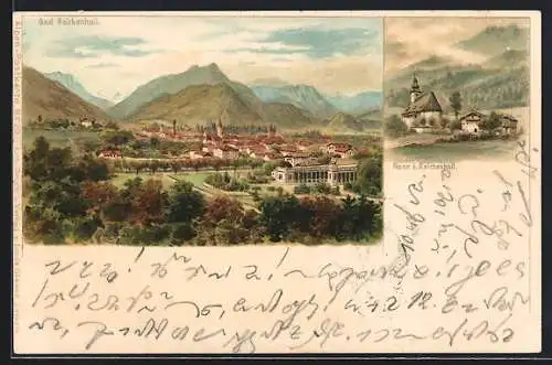 Lithographie Bad Reichenhall, Panoramablick auf den Ort, Blick auf Nonn