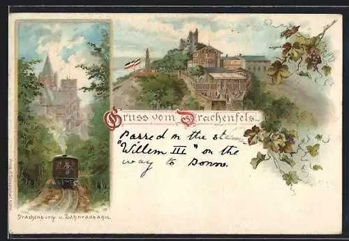 Lithographie Drachenfels, Burgruine, Drachenburg und Zahnradbahn