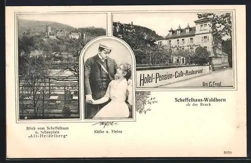 AK Heidelberg, Hotel-Pension-Cafe-Restaurant Scheffelhaus Waldhorn ob der Bruck, Terrasse, Käthe und Heinz