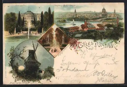 Lithographie Potsdam, Panorama vom Brauhausberge, Mühle