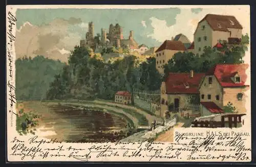 Lithographie Passau, Blick zur Burgruine Hals