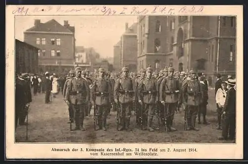 AK Hannover, Kasernenhof am Welfenplatz, Abmarsch der 3. Kompanie des Inf.-Rgts. 74 ins Feld am 2.8.1914