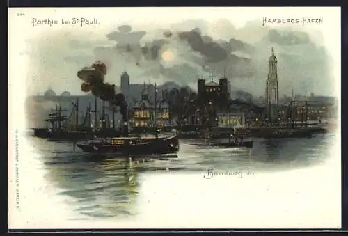 Künstler-Lithographie sign. A. Heide: Hamburg-St.Pauli, Partie bei St. Pauli, Hafen