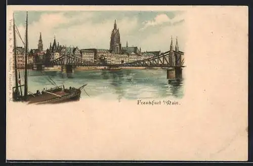 Lithographie Alt-Frankfurt, Segelschiff mit Brücke und Dom