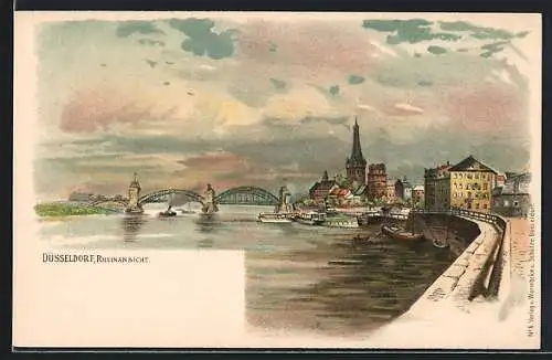 Lithographie Düsseldorf, Teilansicht mit Rheinbrücke