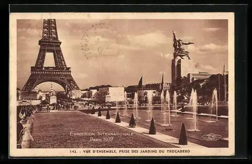 AK Paris, Exposition Internationale 1937, Vue d`ensemble, Prise des Jardins du Trocadero, Welt-Ausstellung