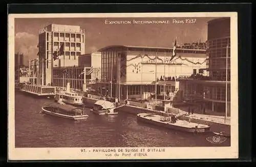 AK Paris, Exposition internationale 1937, Pavillons de Suisse et D'Italie, vus du Pont d'Iena