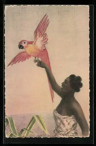 AK Paris, Exposition coloniale internationale 1931, Madagascar, Femme au perroquet