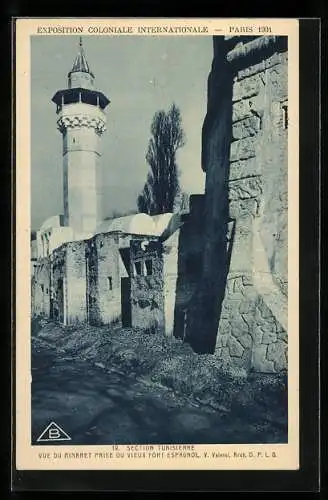 AK Paris, Exposition coloniale internationale 1931, Section Tunisienne, Vue du Minaret prise du Vieux Fort Espagnol