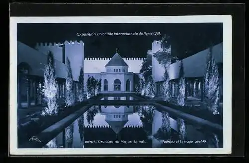 AK Paris, Exposition coloniale internationale 1931, Pavillon du Maroc, la nuit, Fournez et Laprade arches