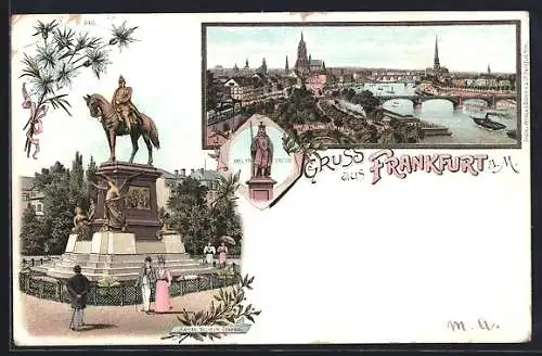 Lithographie Frankfurt, Panorama, Statue Karl des Grossen, Denkmal Kaiser Wilhelm