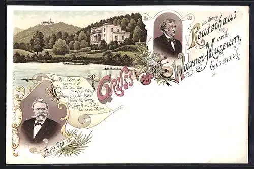 Lithographie Eisenach, Reuterhaus und Wagnermuseum, Porträts Fritz Reuter und Richard Wagner