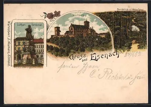 Lithographie Eisenach, Wartburg, Luther-Denkmal, Durchblick von der Hohen Sonne