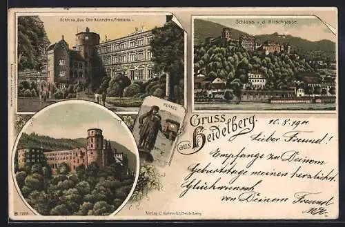 Lithographie Heidelberg, Schloss, Perkeo, Schloss von der Hirschgasse um 1900