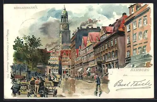 Lithographie Hamburg-Neustadt, Partie am Schaarmarkt mit Geschäftshäusern