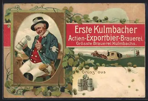 Künstler-AK Kulmbach, Erste Kulmbacher Aktien-Export-Brauerei, Postkutscher schaut in seinen leeren Bierkrug