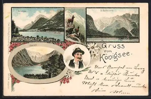 Lithographie Königsee / Berchtesgaden, St. Bartholomä, Hintersee, Obersee