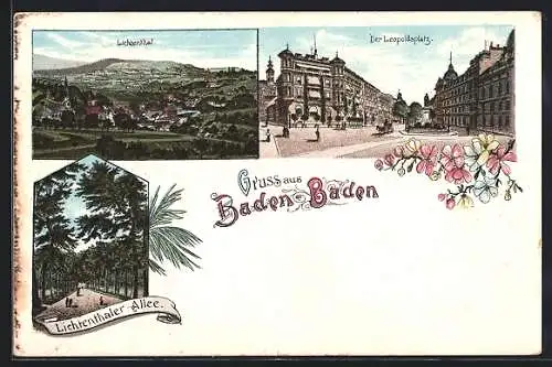 Lithographie Baden-Baden, Leopoldplatz mit Denkmal, Lichtenthaler-Allee, Lichtenthal