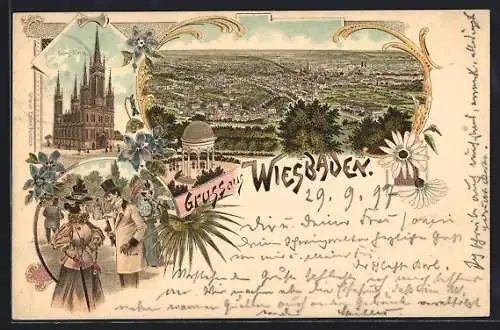 Lithographie Wiesbaden, Ev. Kirche, Ortspanorama