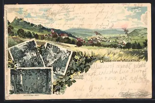 Lithographie Lörrach, Verschiedene Schlossansichten, Panoramablick in's Wiesenthal