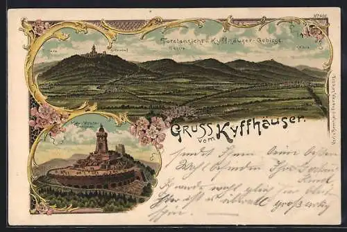 Lithographie Kyffhäuser, Totalansicht v. Kyffhäuser-Gebirge, Kaiser-Wilhelm-Denkmal