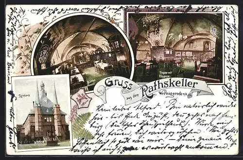 AK Wernigerode a. H., Gasthaus Ratskeller im Rathaus, Innenansichten Buffet und Treppe mit Eingang