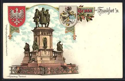 Lithographie Frankfurt /Main, Gutenberg-Denkmal und Wappen