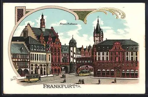 Lithographie Alt-Frankfurt, Neues Rathaus mit Strassenbahnen