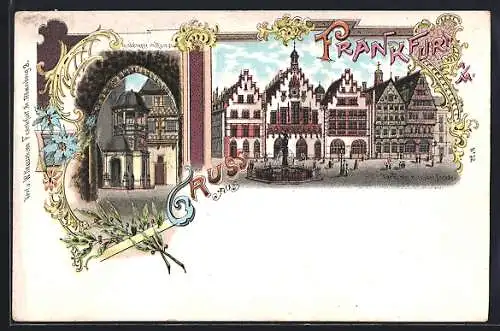 Lithographie Alt-Frankfurt, Römer mit neuer Facade, Spindeltreppe