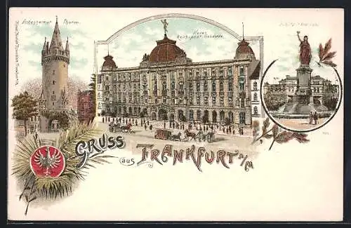 Lithographie Frankfurt a. M., Neues Reichspost-Gebäude, Schützenbrunne, Eschenheimer Thurm