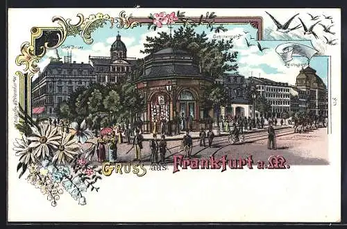 Lithographie Frankfurt /Main, Schillerplatz, Café Bauer, Reichspost