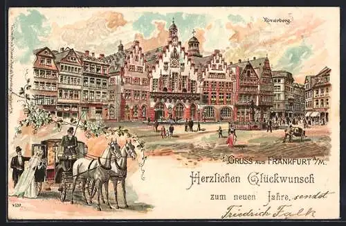 Lithographie Alt-Frankfurt, Römerberg mit Hochzeitskutsche, Neujahrsgruss