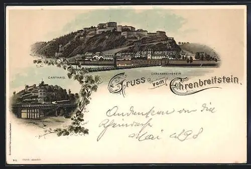 Lithographie Ehrenbreitstein, Blick zur Festung, Carthaus