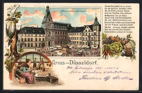 Lithographie Düsseldorf, Blick auf den Marktplatz und das Rathaus