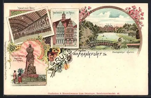 Lithographie Frankfurt, Alte Häuser am Römer, Zoolog. Garten, Kaisersaal im Römer, Kaiser Wilhelm-Denkmal a. d. Posthof