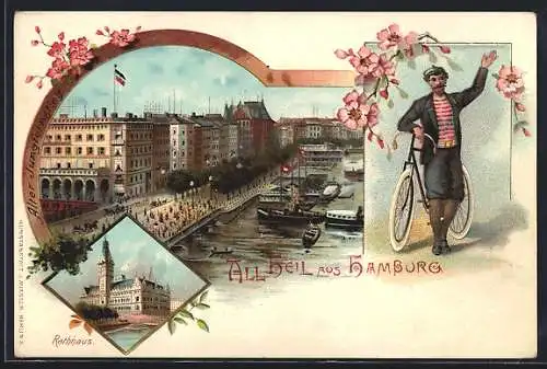 Lithographie Hamburg, Rathaus, Uferpartie, Mann mit Fahrrad