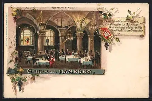 Lithographie Hamburg, Rathswein-Keller, mit Spruch und Wappen