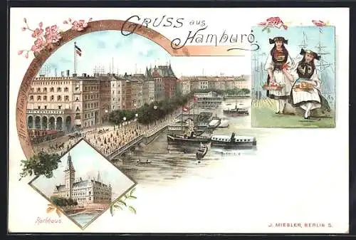 Künstler-AK Hamburg, Promenade, das Rathaus, Frauen in Trachten