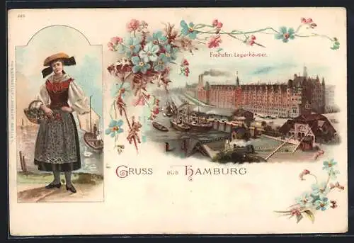 Lithographie Hamburg, Lagerhäuser im Freihafen & Frau in Tracht mit Blumenkorb