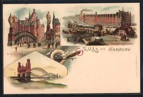 Lithographie Hamburg, Freihafen, Lagerhäuser, Neue Elbbrücke, Brooks Brücke