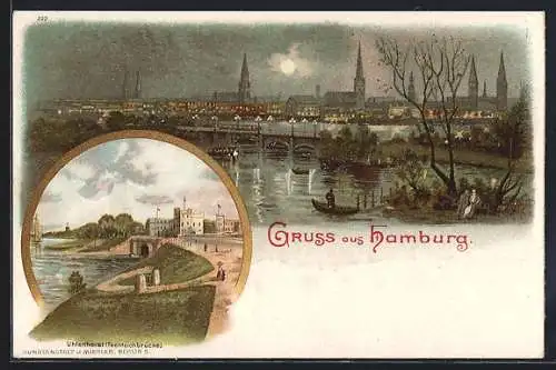 Lithographie Hamburg-Uhlenhorst, Panorama, Feenteichbrücke
