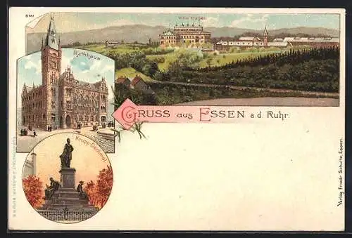 Lithographie Essen a. d. Ruhr, Totalansicht, Rathaus und Krupp-Denkmal