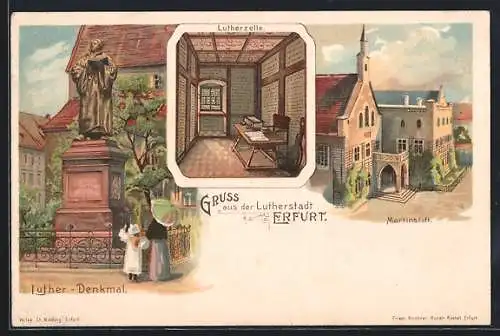 Lithographie Erfurt, Martinstift, Inneres Lutherzelle, Luther-Denkmal