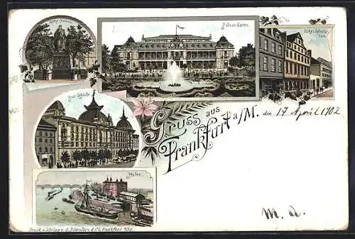 Lithographie Alt-Frankfurt, Palmen Garten, Göthe`s Geburtshaus, Hafen