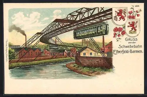 Lithographie Elberfeld, Schwebebahn Elberfeld-Barmen, Wappen
